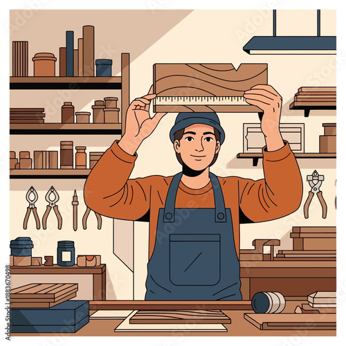 Craftsman holding wooden ruler in workshop, measuring wood