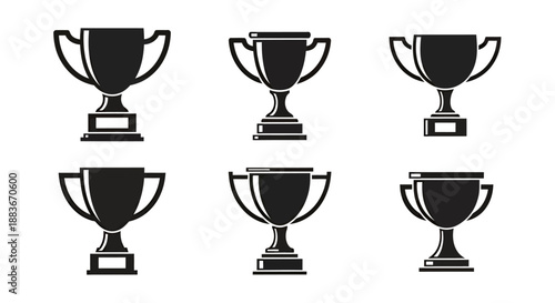 Set of six black trophy cup icons representing achievement and success.
