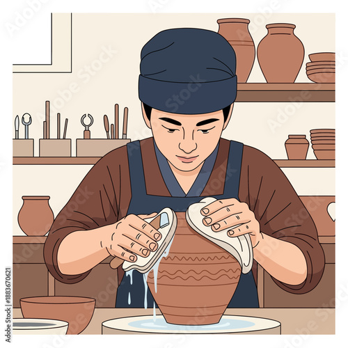 Potter crafting ceramic vase on a wheel in workshop, hands shaping clay