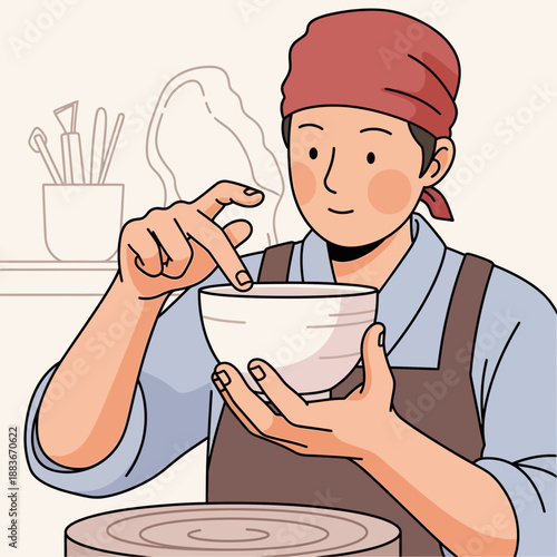 Potter shaping clay bowl on pottery wheel, crafting handmade ceramics in studio