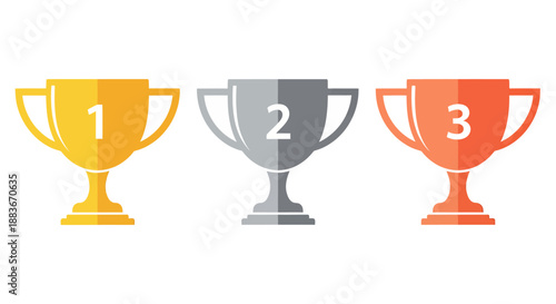 Set of three different colored trophy cups representing first second and third place awards.