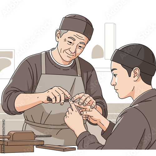 Elderly craftsman teaching young apprentice woodworking skills