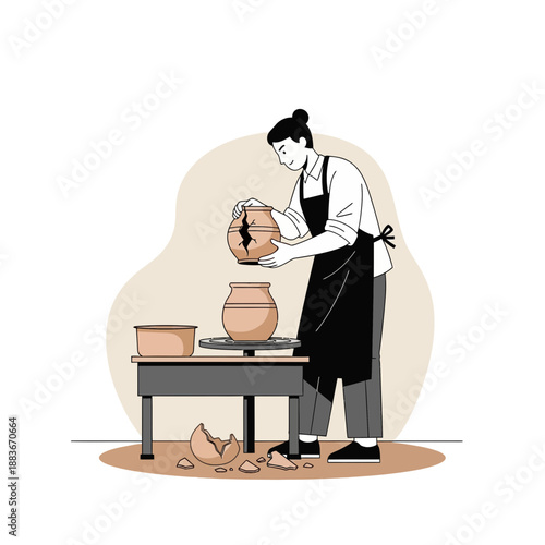 Potter with broken vase on pottery wheel, creative process, failure