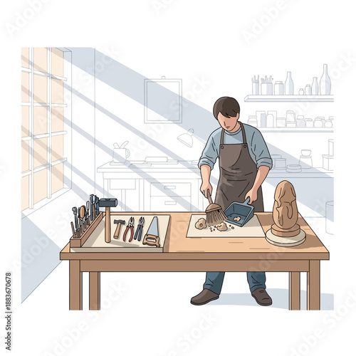 Sculptor crafting artwork in studio with tools and natural light