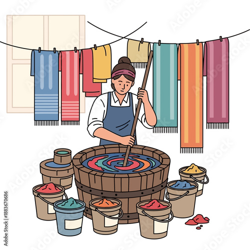 Textile dyeing process, woman stirring colorful dye in wooden vat