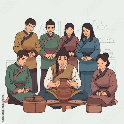 Traditional pottery class, people learning ceramic art