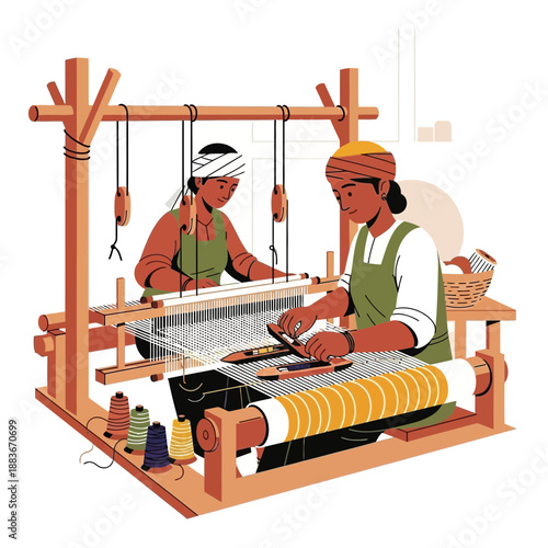 Traditional Weaving Craftsmanship: Two Artisans at a Wooden Loom