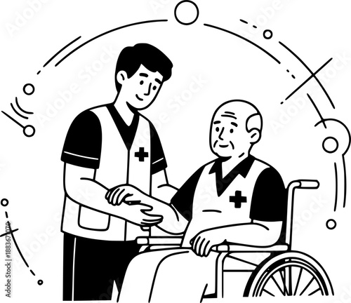 Medical Volunteer Elderly Care Vector - Black White Healthcare Community Service Support Dignity Compassion Helping Illustration on White Background
