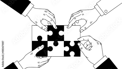 Puzzle Pieces Collaboration Vector - Black White Hands Problem Solving Community Solution Teamwork Connection Geometric Illustration on White Background