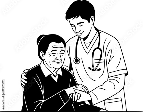 Medical Volunteer Elderly Care Vector - Black White Healthcare Community Service Support Dignity Compassion Helping Illustration on White Background
