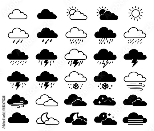 Black and white weather icon set featuring various weather conditions for forecasts and digital design
