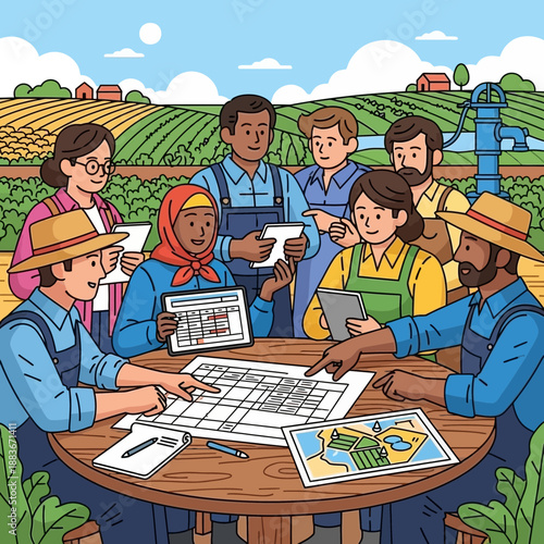 Diverse farmers planning in agricultural field, collaboration, teamwork, strategy