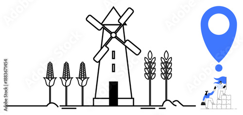 Agriculture, tourism, sustainable farming, food production, rural life, geolocation services. Windmill surrounded by wheat crops and a location marker. Agriculture and tourism