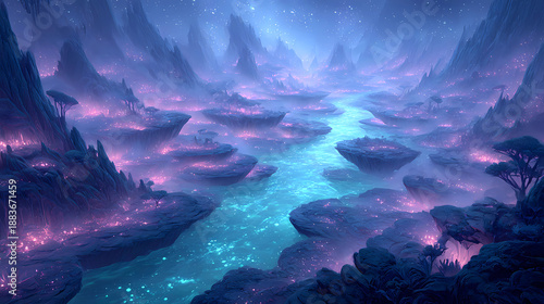 isometric view of a magical blue river in the middle of an alien valley filled with glowing pink crystals and giant rocks, set against a night sky.