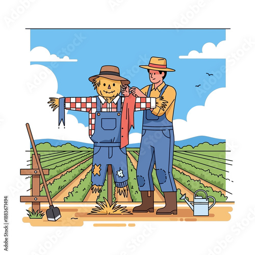 Farmer dressing scarecrow in field