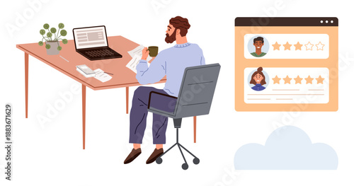 Freelancing, online reviews, remote work, employee evaluation, online reputation, digital hiring. Man at desk with laptop reviewing profiles. Freelancing and online reviews concept