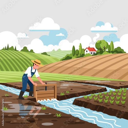 Farmer irrigating field with wooden gate, rural landscape, agriculture illustration