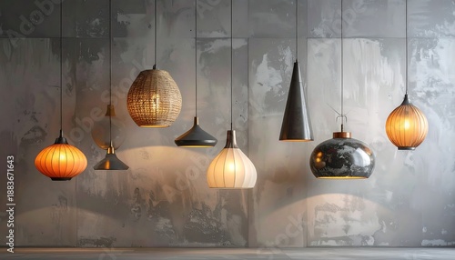 Assortment of contemporary pendant lights with varied shapes and textures, suspended against a textured, neutral-toned wall