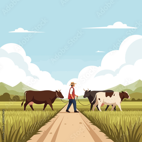 Farmer leading cows on a dirt path through fields under a cloudy sky