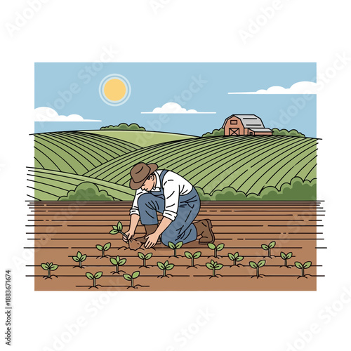 Farmer Planting Seedlings in Field
