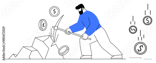 Man striking rocks with pickaxe as coins featuring currency signs emerge. Ideal for finance, investment, cryptocurrency, mining, income generation, wealth management, hard work, simple flat metaphor