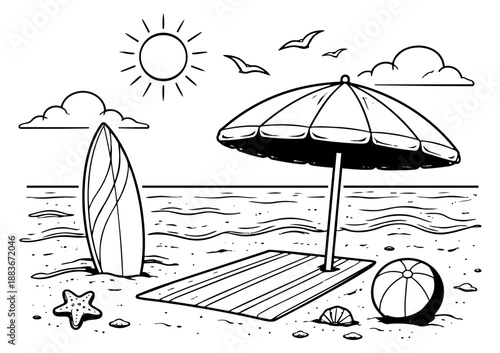 Hand drawn line art illustration of a summer beach scene depicting an umbrella, surfboard, and beach ball on sand for summer holidays or travel concepts