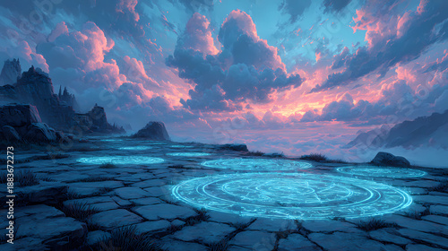 a fantasy landscape with glowing blue circular patterns on the ground, surrounded by stone structures and clouds in the sky.