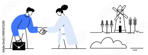 Business partnership. Two people shaking hands business partnership with a rural agricultural windmill scene. Business partnership fosters collaboration, trade, and mutual success. For agribusiness