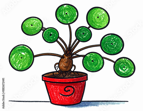 Hand-drawn illustration of a Pilea peperomioides houseplant. Unique round green leaves in a red pot. Ideal for botanical concepts, home decor, or adding a gardening touch