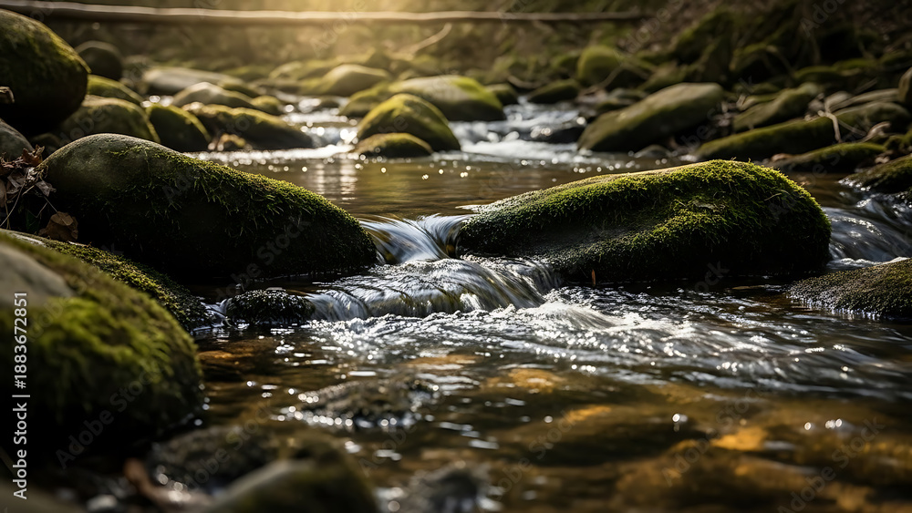 Fototapeta premium Mossy rocks in a serene stream with gentle water flow at sunrise