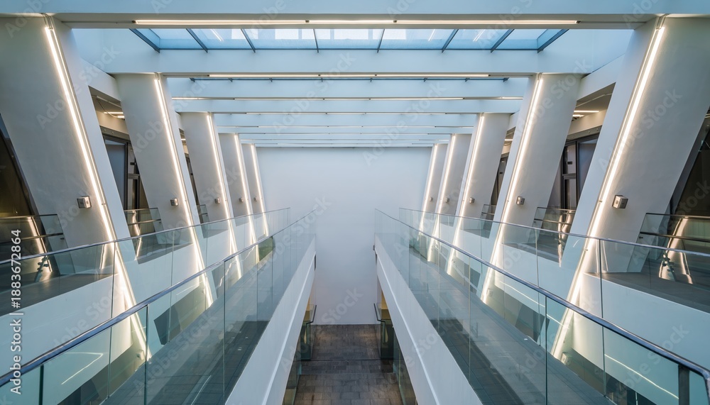 Obraz premium Modern architectural interior with symmetrical angled columns, bright linear lights, and glass railings leading down a futuristic hallway with a skylight