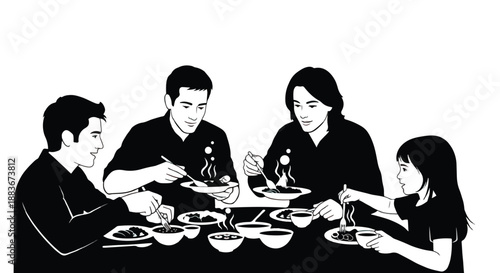 Family dinner scene with chopsticks and bowls