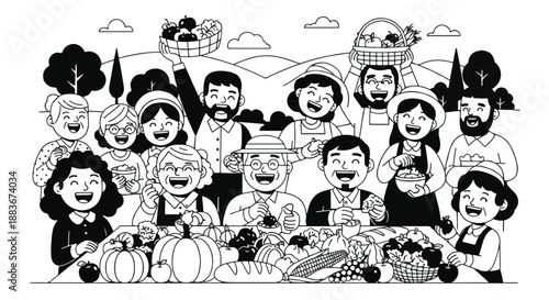 Harvest celebration with family and abundance of food