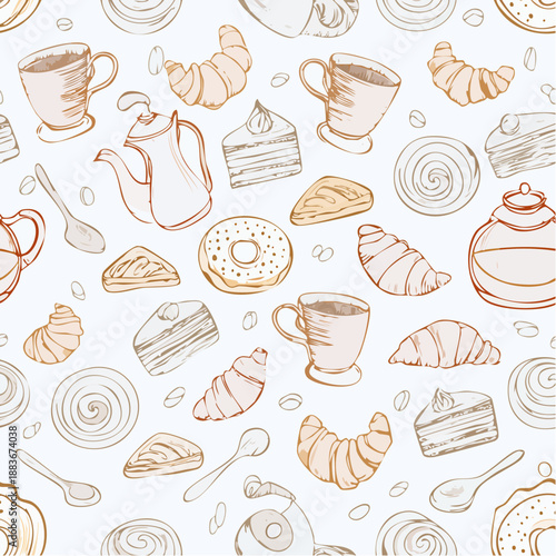 Handdrawn coffee and pastries seamless pattern background.