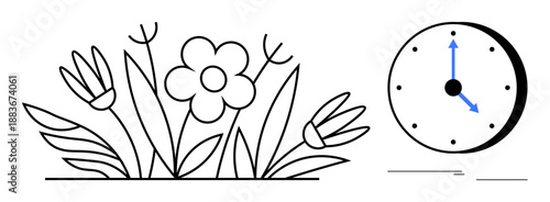 Flowering plants with leaves and a clock indicating time passage. Ideal for growth, seasons, nature, productivity, mindfulness, planning, and life balance concepts in a simple flat metaphor