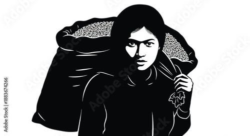 Woman carrying rice sack with transparent background