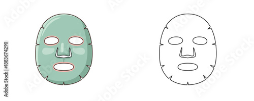 Cosmetic sheet mask cartoon and line art style in light green and pink tones representing facial skin care treatment or beauty product icons on white background