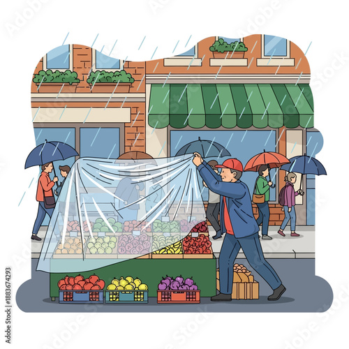 Vendor covers fruit stand from rain with plastic tarp, people with umbrellas walk by