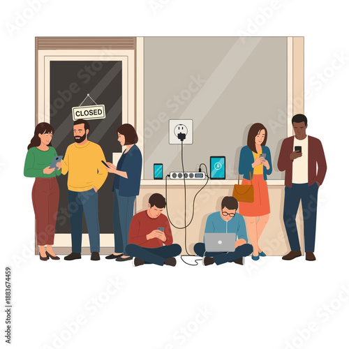 People charging devices near closed store, waiting