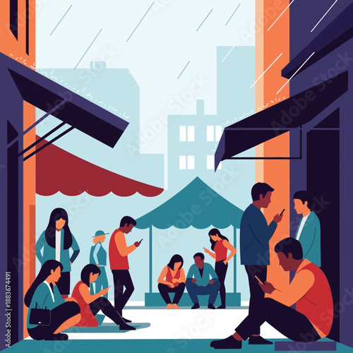 People using smartphones in urban street setting with rain falling