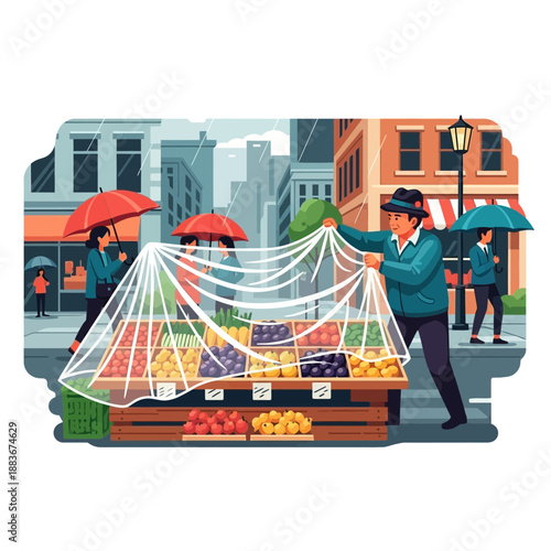 Street vendor protecting fruit stall from rain with plastic sheet, urban scene