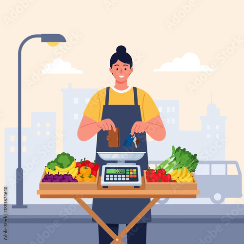 Street vendor selling fresh produce from a stall with a scale and city background