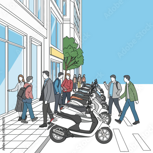 Urban street scene with people walking and scooters parked