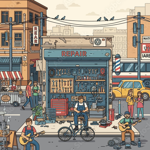Urban repair shop with mechanics and musicians, city street scene