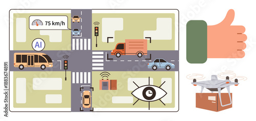 Smart cities, automation, AI integration, logistics, surveillance, transportation. City crossroad with vehicles, AI monitoring quadcopter delivery surveillance camera. Smart cities and automation