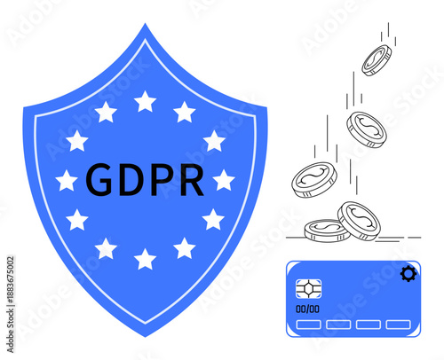 Data protection, GDPR compliance, financial privacy, digital currency, online transactions, cybersecurity. Blue shield with GDPR text, falling coins credit card below. Data protection and financial