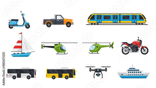 Collection of various vehicles and transportation modes displayed in a grid layout on a clean background