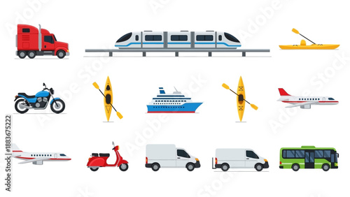 Various vehicles and transportation modes depicted in a digital illustration showcasing different travel methods
