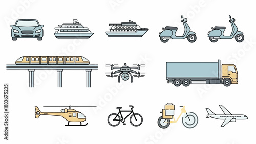 Various modes of transportation depicted in a collection of illustrations showcasing vehicles, aircraft, and vessels in a simplified style from a straightforward viewpoint