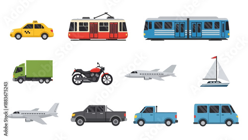 Various modes of transportation including cars, trains, airplanes, and boats illustrated in a flat design style